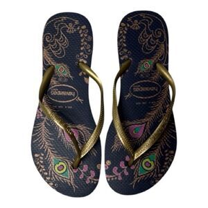Havaianas Peacock Print Rubber Thong Flip Flops. Size 6.